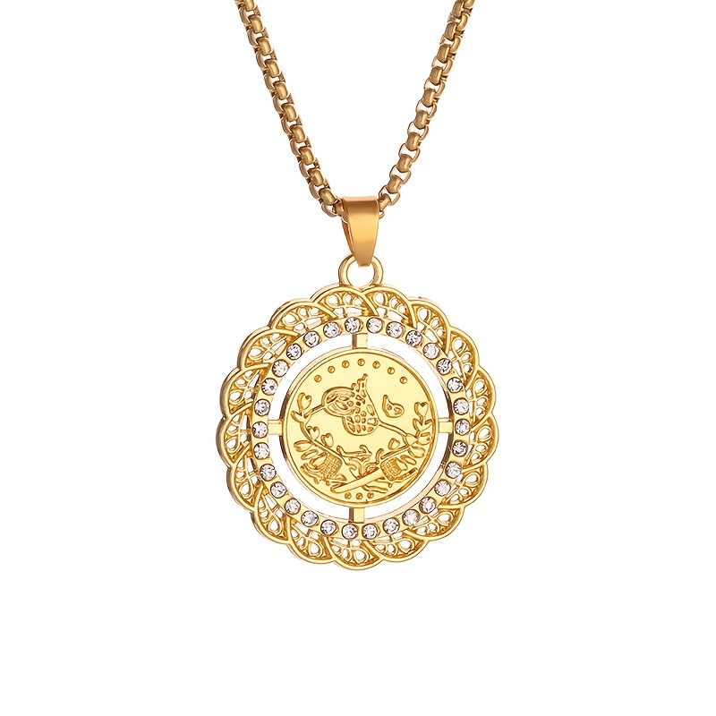 Retro Arabian Bird & Coin Pendant Necklace with Zirconia Stones